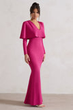 Dalia Dark Pink V-Neck Draped Long Sleeve Maxi Dress