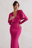 Dalia Dark Pink V-Neck Draped Long Sleeve Maxi Dress