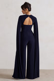 Emmanuela Navy Plunge-Neck Wide-Leg Jumpsuit With Cape Sleeves
