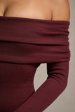 Romina Port Rib Knit Bardot Maxi Dress With Asymmetric Hem