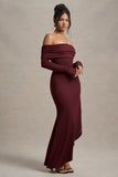 Romina Port Rib Knit Bardot Maxi Dress With Asymmetric Hem