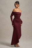 Romina Port Rib Knit Bardot Maxi Dress With Asymmetric Hem