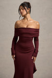 Romina Port Rib Knit Bardot Maxi Dress With Asymmetric Hem