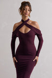 Duet Plum Rib Knit Halter-Neck Midi Dress With Cut-Out
