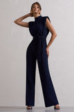 Kalona Navy High-Neck Wide-Leg Jumpsuit With Tie Waist