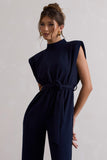 Kalona Navy High-Neck Wide-Leg Jumpsuit With Tie Waist