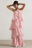 Kassiah Light Pink Halter-Neck Ruffle Maxi Dress