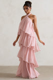 Kassiah Light Pink Halter-Neck Ruffle Maxi Dress