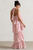 Kassiah Light Pink Halter-Neck Ruffle Maxi Dress