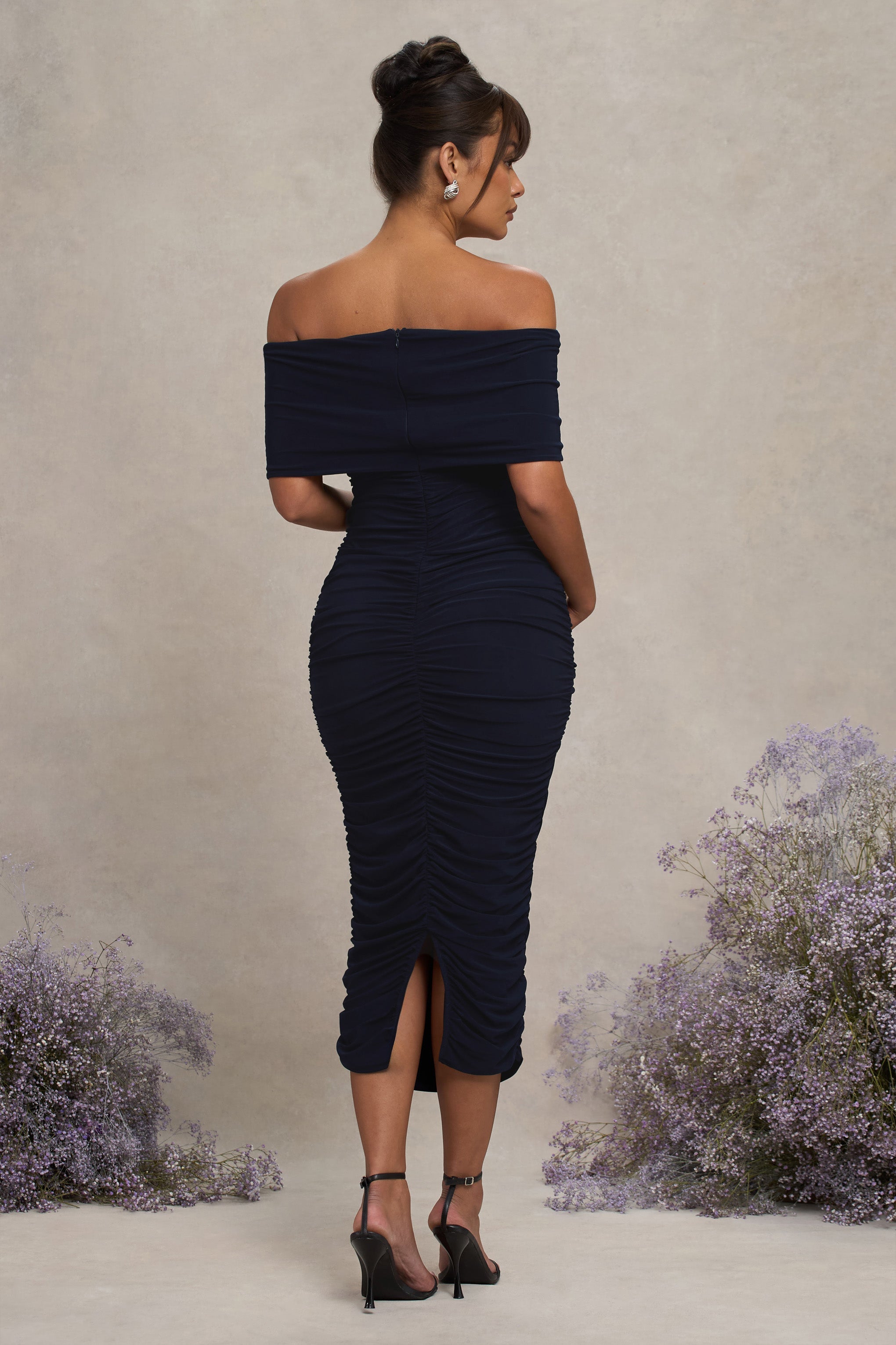 Unwrapped Navy Ruched Twist Bardot Maternity Midi Dress