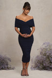 Unwrapped Navy Ruched Twist Bardot Maternity Midi Dress