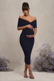Unwrapped Navy Ruched Twist Bardot Maternity Midi Dress