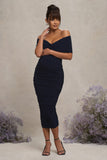 Unwrapped Navy Ruched Twist Bardot Maternity Midi Dress