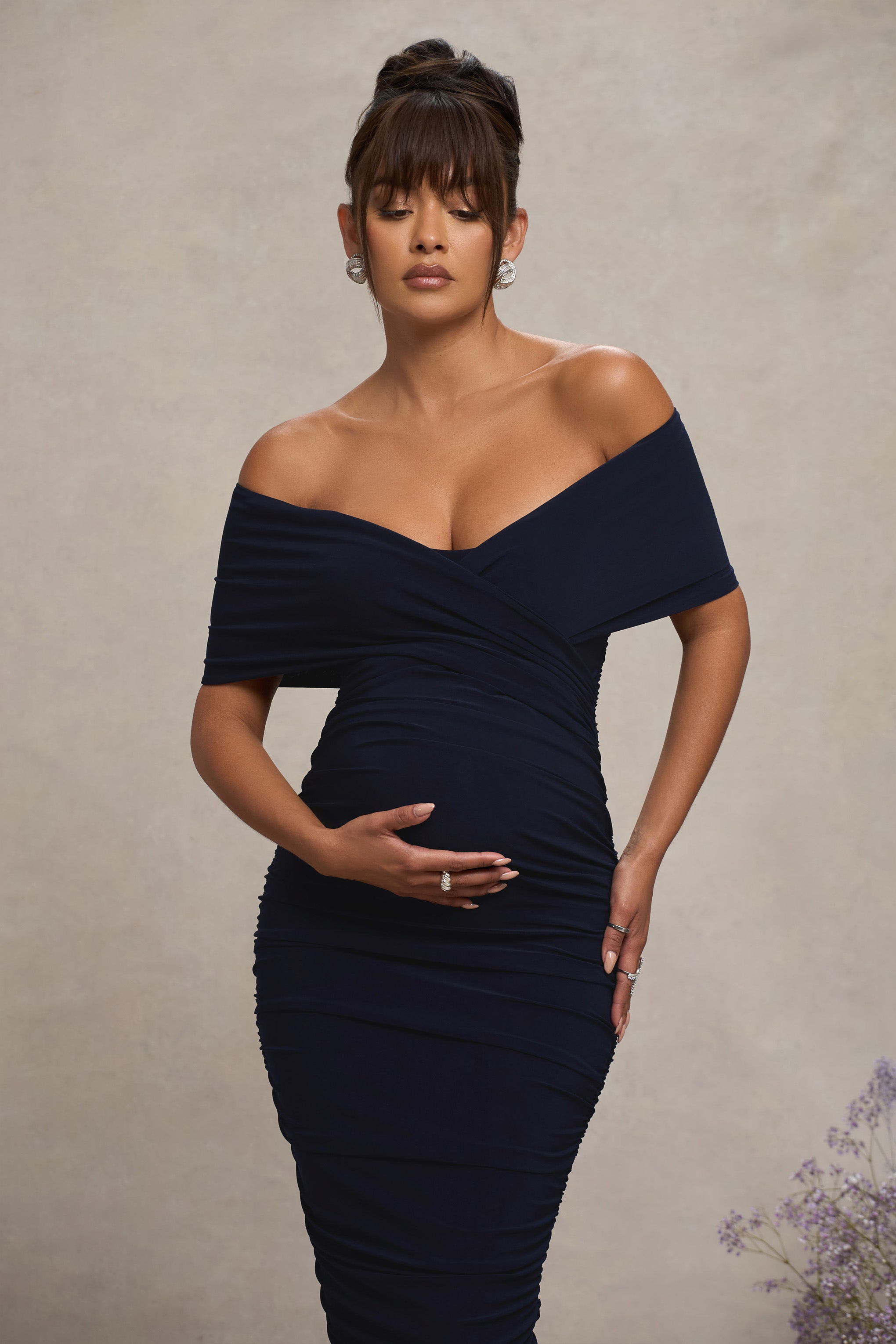 Unwrapped Navy Ruched Twist Bardot Maternity Midi Dress