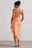 On The List Peach Asymmetric Corset Maxi Dress With Floral Drape