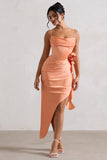 On The List Peach Asymmetric Corset Maxi Dress With Floral Drape