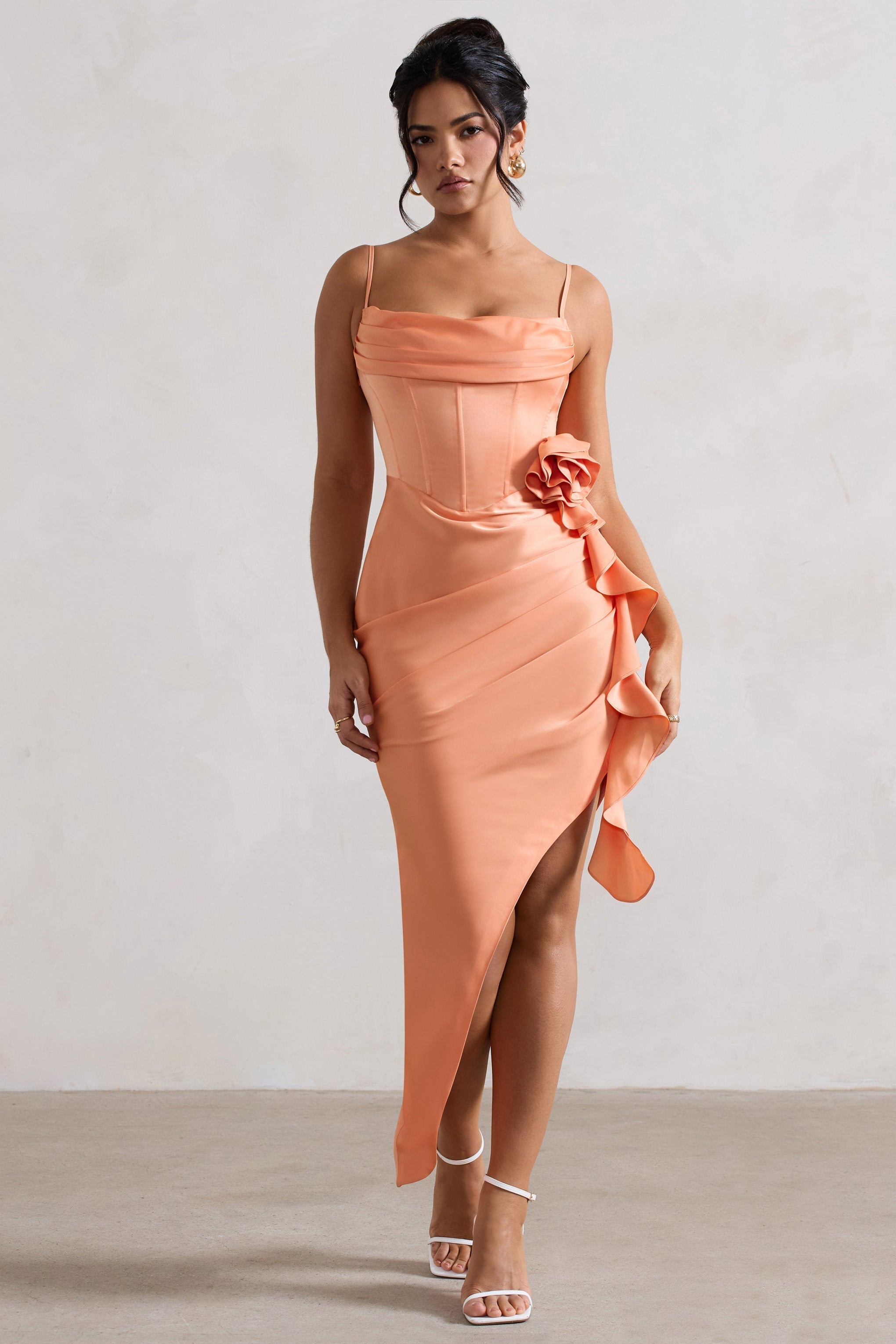 On The List Peach Asymmetric Corset Maxi Dress With Floral Drape