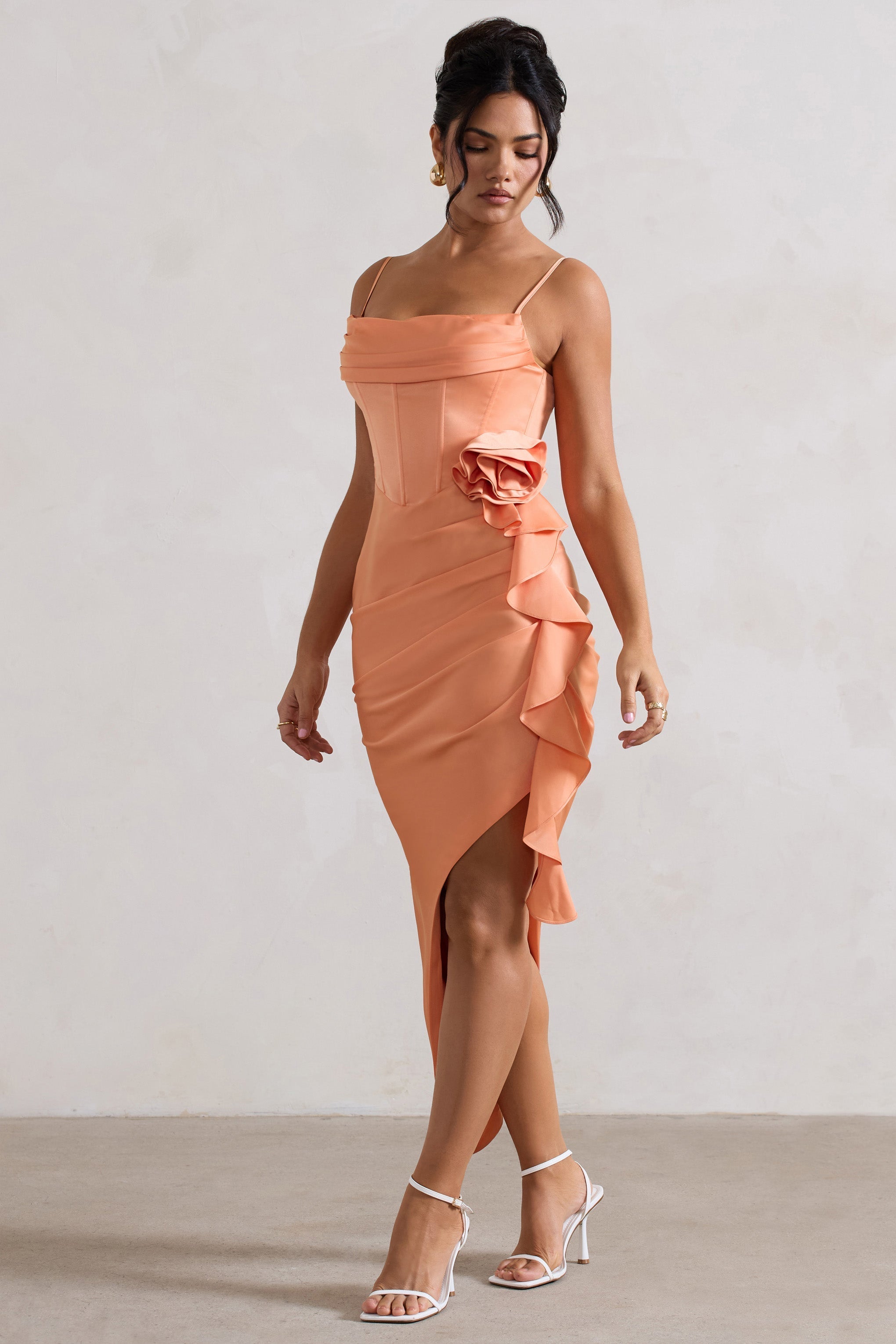 On The List Peach Asymmetric Corset Maxi Dress With Floral Drape