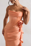 On The List Peach Asymmetric Corset Maxi Dress With Floral Drape