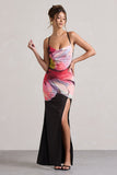 Kali Black Floral Print Cowl-Neck Open-Back Split Maxi Dress