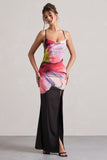 Kali Black Floral Print Cowl-Neck Open-Back Split Maxi Dress