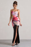 Kali Black Floral Print Cowl-Neck Open-Back Split Maxi Dress