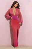 Sky Dance Pink & Orange Ombre Chiffon Balloon-Sleeved Split Maxi Dress