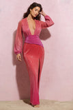 Sky Dance Pink & Orange Ombre Chiffon Balloon-Sleeved Split Maxi Dress