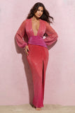 Sky Dance Pink & Orange Ombre Chiffon Balloon-Sleeved Split Maxi Dress