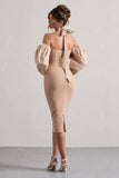Couture Client Champagne Halter-Neck Puff Sleeve Midi Dress