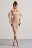 Couture Client Champagne Halter-Neck Puff Sleeve Midi Dress