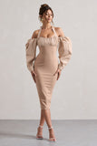 Couture Client Champagne Halter-Neck Puff Sleeve Midi Dress