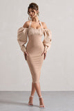 Couture Client Champagne Halter-Neck Puff Sleeve Midi Dress