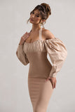 Couture Client Champagne Halter-Neck Puff Sleeve Midi Dress