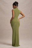 Lanetta Olive Ruched High-Neck Maxi Dress With Split