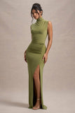 Lanetta Olive Ruched High-Neck Maxi Dress With Split