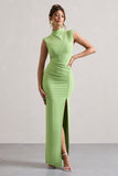 Lanetta Light Green Ruched High-Neck Maxi Dress With Split