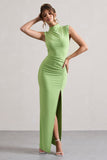 Lanetta Light Green Ruched High-Neck Maxi Dress With Split