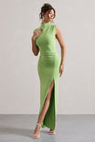 Lanetta Light Green Ruched High-Neck Maxi Dress With Split