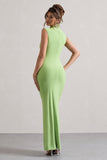 Lanetta Light Green Ruched High-Neck Maxi Dress With Split