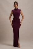 Lanetta Plum Ruched High-Neck Maxi Dress With Split