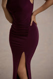 Lanetta Plum Ruched High-Neck Maxi Dress With Split