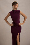 Lanetta Plum Ruched High-Neck Maxi Dress With Split