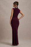 Lanetta Plum Ruched High-Neck Maxi Dress With Split