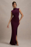 Lanetta Plum Ruched High-Neck Maxi Dress With Split