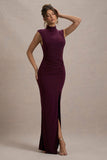 Lanetta Plum Ruched High-Neck Maxi Dress With Split