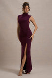 Lanetta Plum Ruched High-Neck Maxi Dress With Split