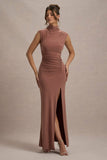 Lanetta Chestnut Brown Ruched High-Neck Maxi Dress With Split