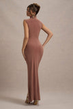 Lanetta Chestnut Brown Ruched High-Neck Maxi Dress With Split