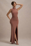 Lanetta Chestnut Brown Ruched High-Neck Maxi Dress With Split